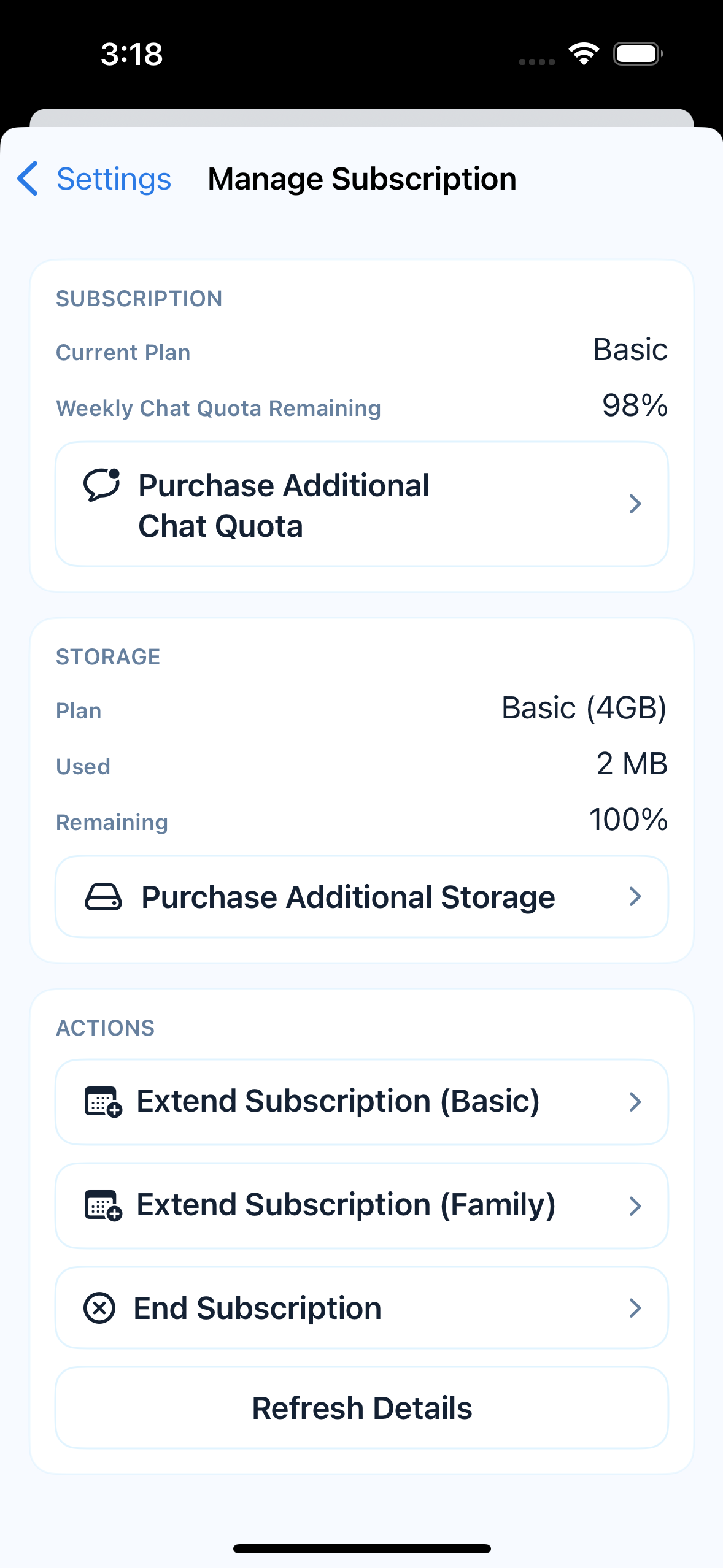 Manage subscription screenshot